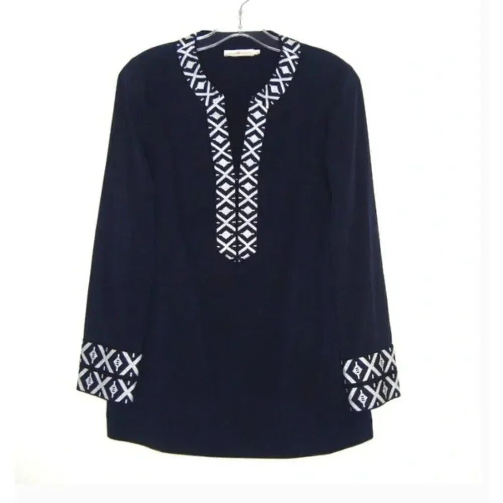 Tory Burch Womens Tunic With Taping Popover Blouse Top Size 4 Navy Blue NWT $295